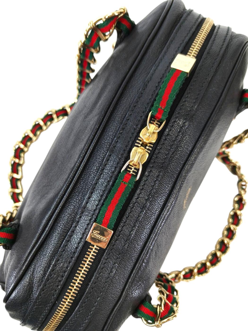 Gucci 古驰 卡普里链条单肩包 绿红绿织带 黑色 款号：11413