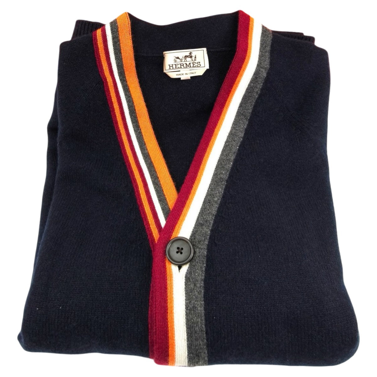 HERMES エルメス カシミヤ100％ カーディガン メンズ ネイビー アシンメトリーストライプ 管理番号：10207