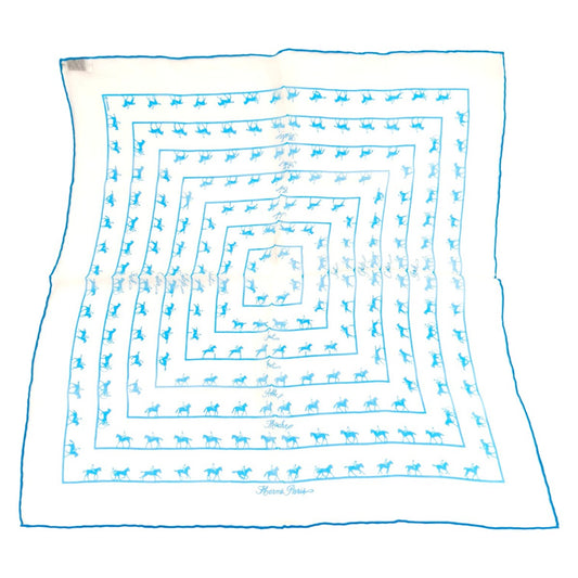 HERMES Carré 45 SAUT GALOP CANTER RACK Horse Print Silk Scarf White x Blue Reference Number: 10274