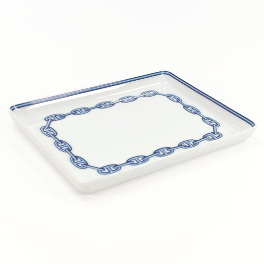 [Unused] HERMES Chaine d'Ancre Plate, Dish, Tray, Interior, White x Blue, Reference Number: 10416