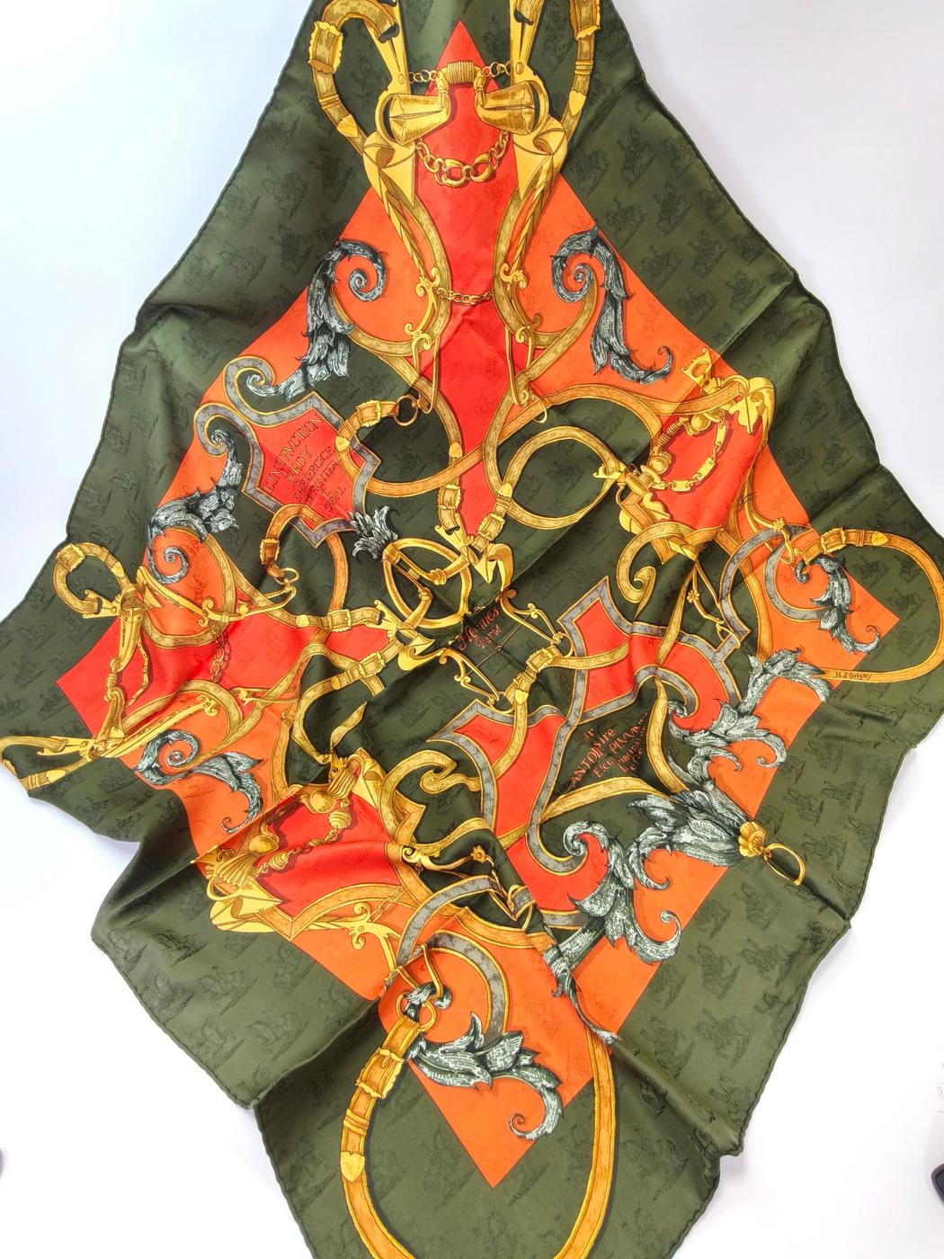 HERMES 爱马仕 方巾90 帝王学 真丝丝巾 绿×橙色 管理编号：11117