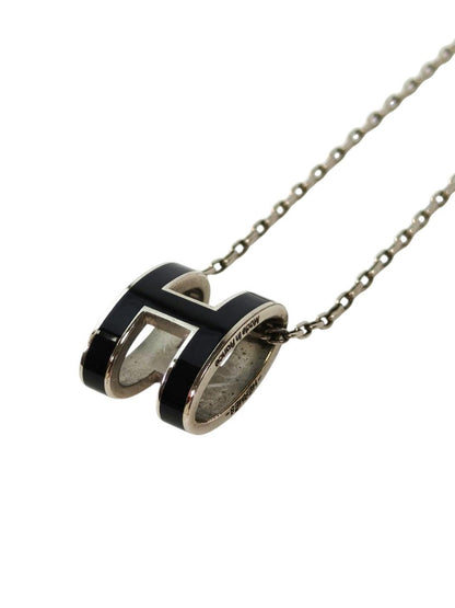HERMES Pop H Pendant Black Necklace Black x Silver Metal Lacquer Management Number: 11792