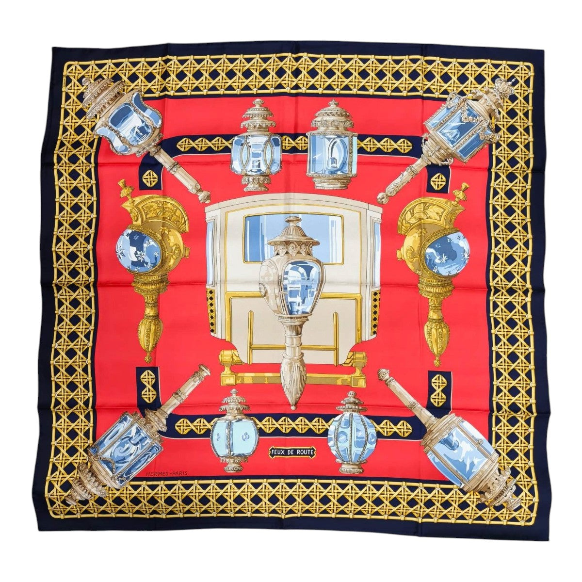 HERMES 爱马仕 Carré 90 灯 红色×藏青色 100%真丝 围巾 红色 管理编号：11876