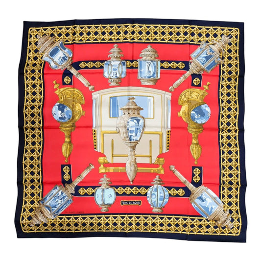 HERMES 爱马仕 Carré 90 灯 红色×藏青色 100%真丝 围巾 红色 管理编号：11876