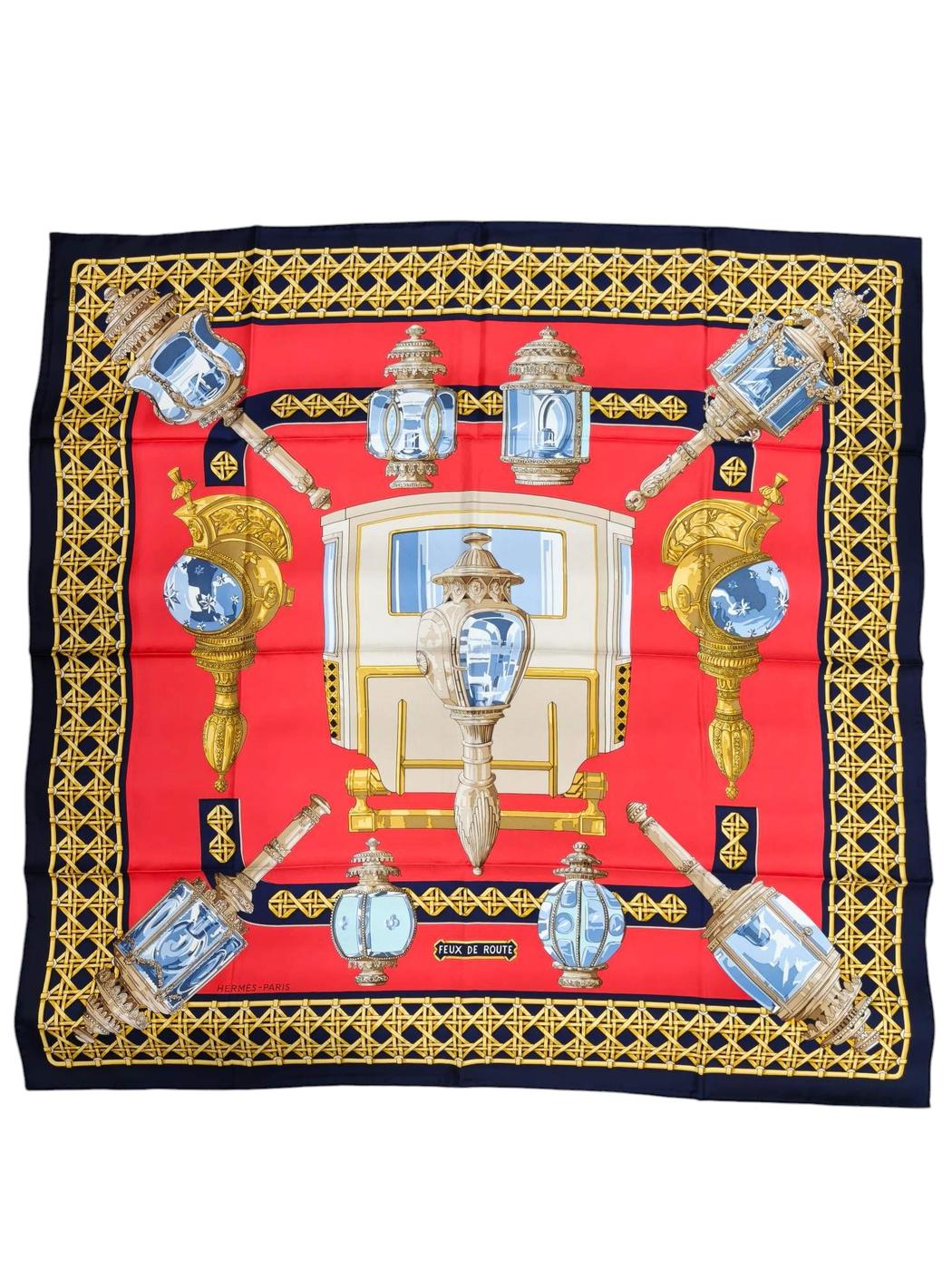 HERMES 爱马仕 Carré 90 灯 红色×藏青色 100%真丝 围巾 红色 管理编号：11876
