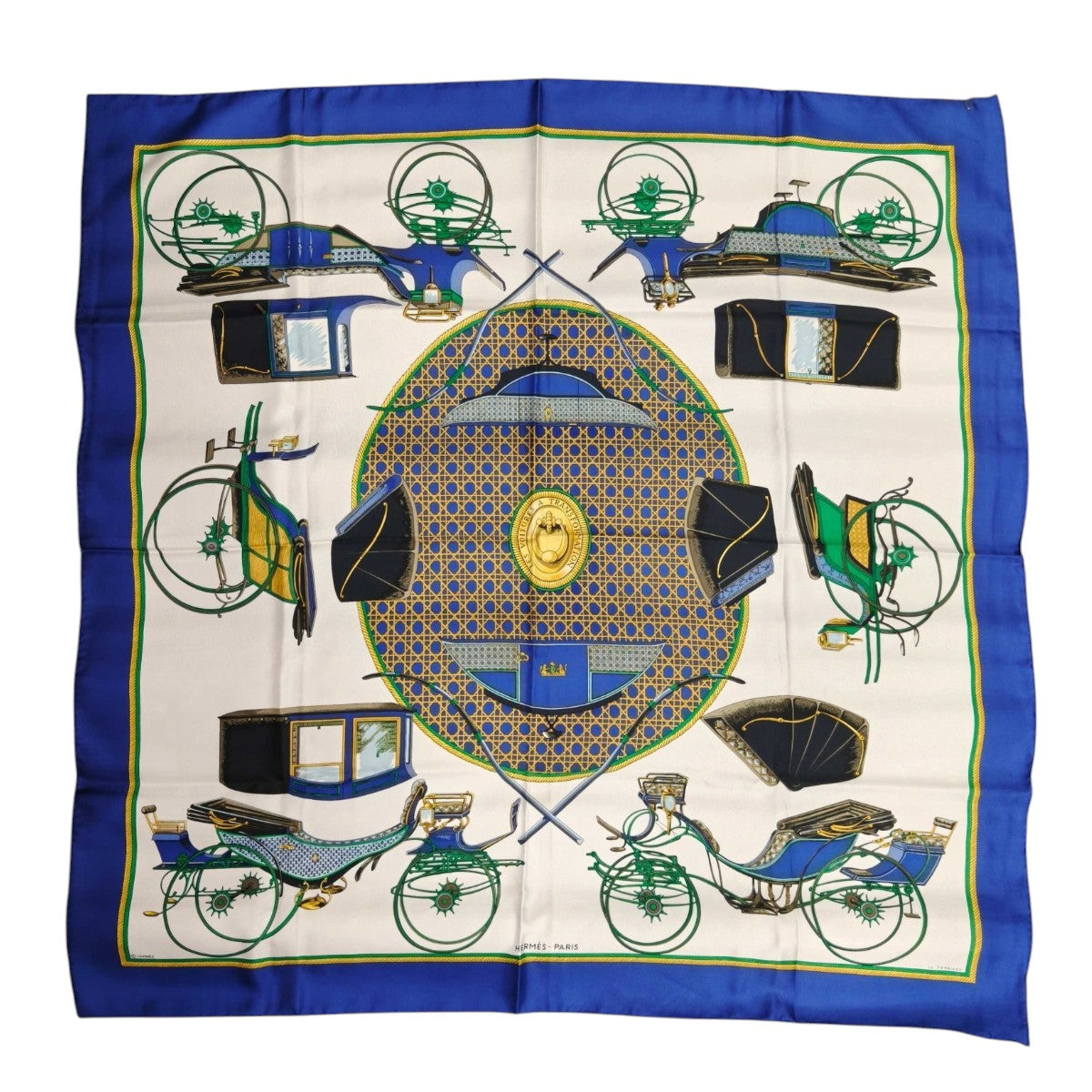 HERMES Carré 90 Carriage White x Blue Scarf Blue Control Number: 11878