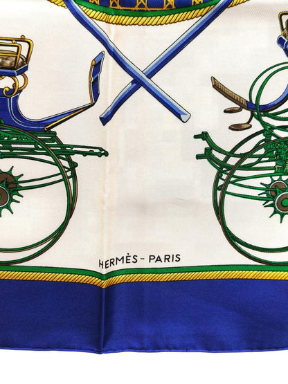 HERMES Carré 90 Carriage White x Blue Scarf Blue Control Number: 11878