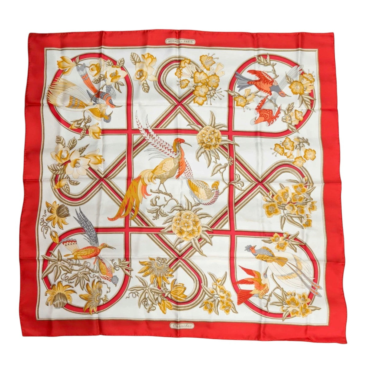 HERMES 爱马仕 Carré 90 鸟与花 白×红 100%真丝 手帕 红 管理编号：11879