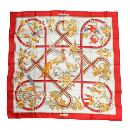 HERMES 爱马仕 Carré 90 鸟与花 白×红 100%真丝 手帕 红 管理编号：11879