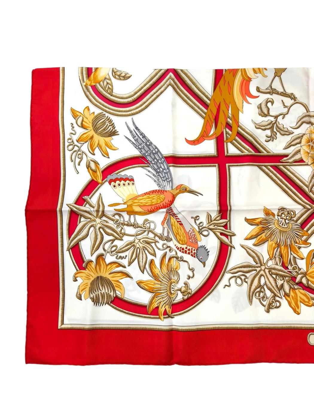 HERMES 爱马仕 Carré 90 鸟与花 白×红 100%真丝 手帕 红 管理编号：11879
