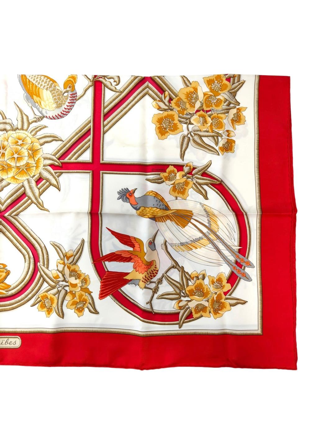 HERMES 爱马仕 Carré 90 鸟与花 白×红 100%真丝 手帕 红 管理编号：11879