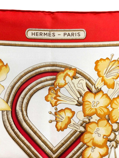 HERMES 爱马仕 Carré 90 鸟与花 白×红 100%真丝 手帕 红 管理编号：11879