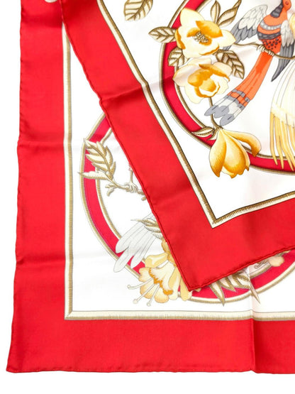 HERMES 爱马仕 Carré 90 鸟与花 白×红 100%真丝 手帕 红 管理编号：11879