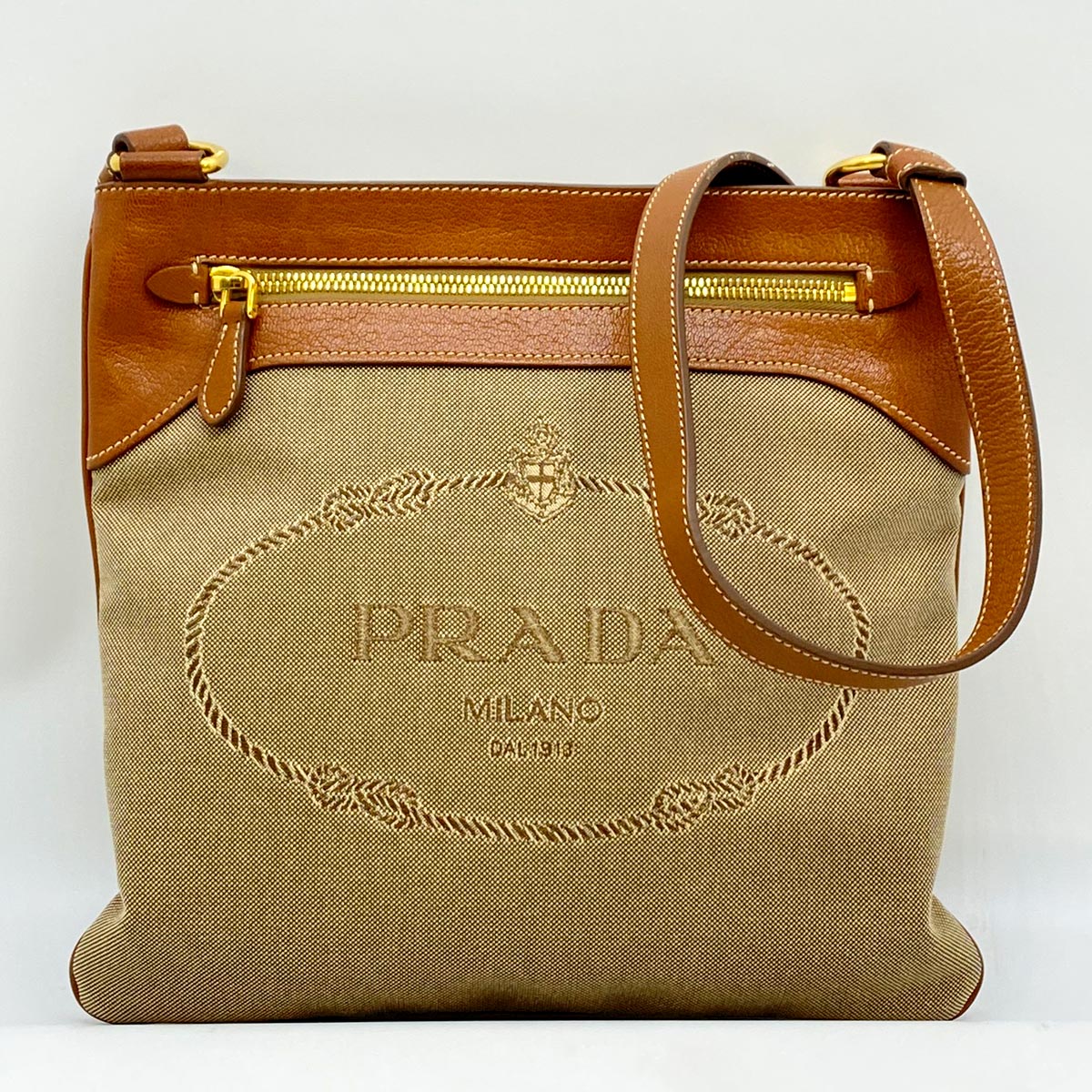PRADA プラダ ジャガード ショルダーバッグ キャンバス カーキ 茶 ブラウン マチなし 管理番号：7699