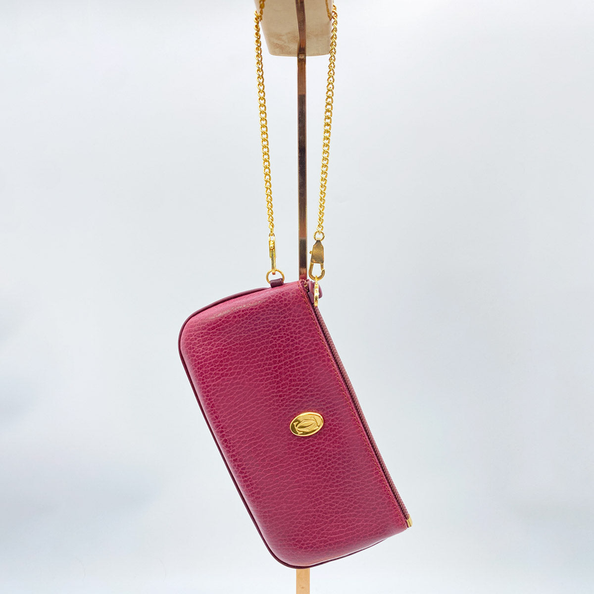 カルティエ Cartier ポーチ 化粧ポーチ コインケース チェーン付き マストライン ボルドー ゴールド レザー 管理番号：8339