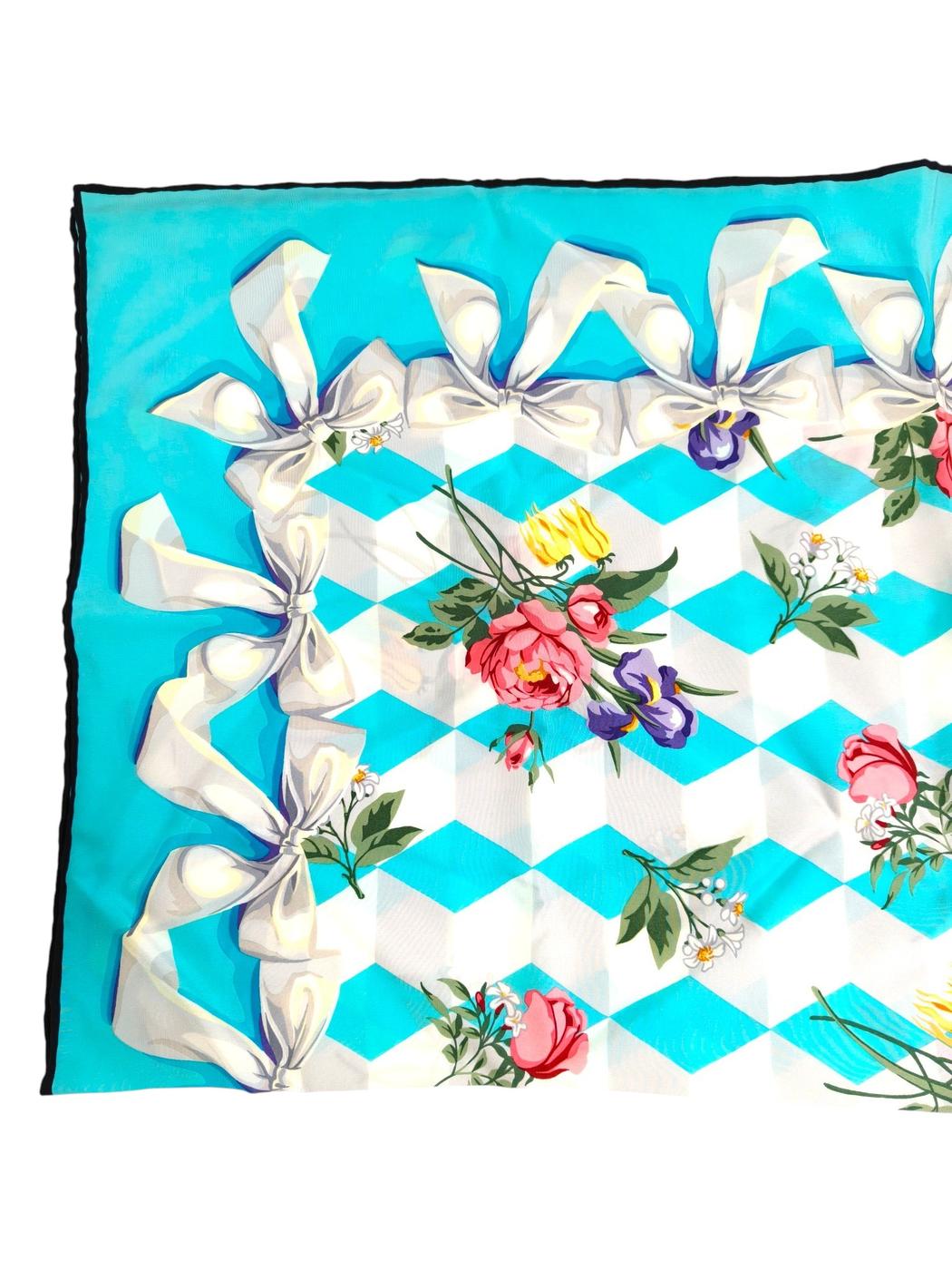 Tiffany & Co. White Ribbon Floral Silk Scarf Blue x White Multi-color Model number: 11436
