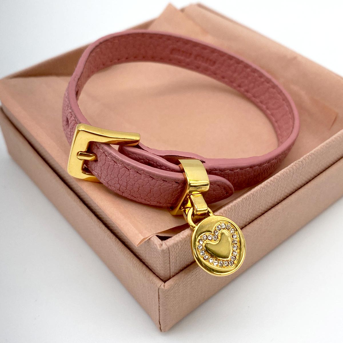 MIU MIU ミュウミュウ ハートチャームブレスレット ピンク レザー GP 5IB317 ローズ ピンク Mサイズ やぎ革 70199 管理番号：8878