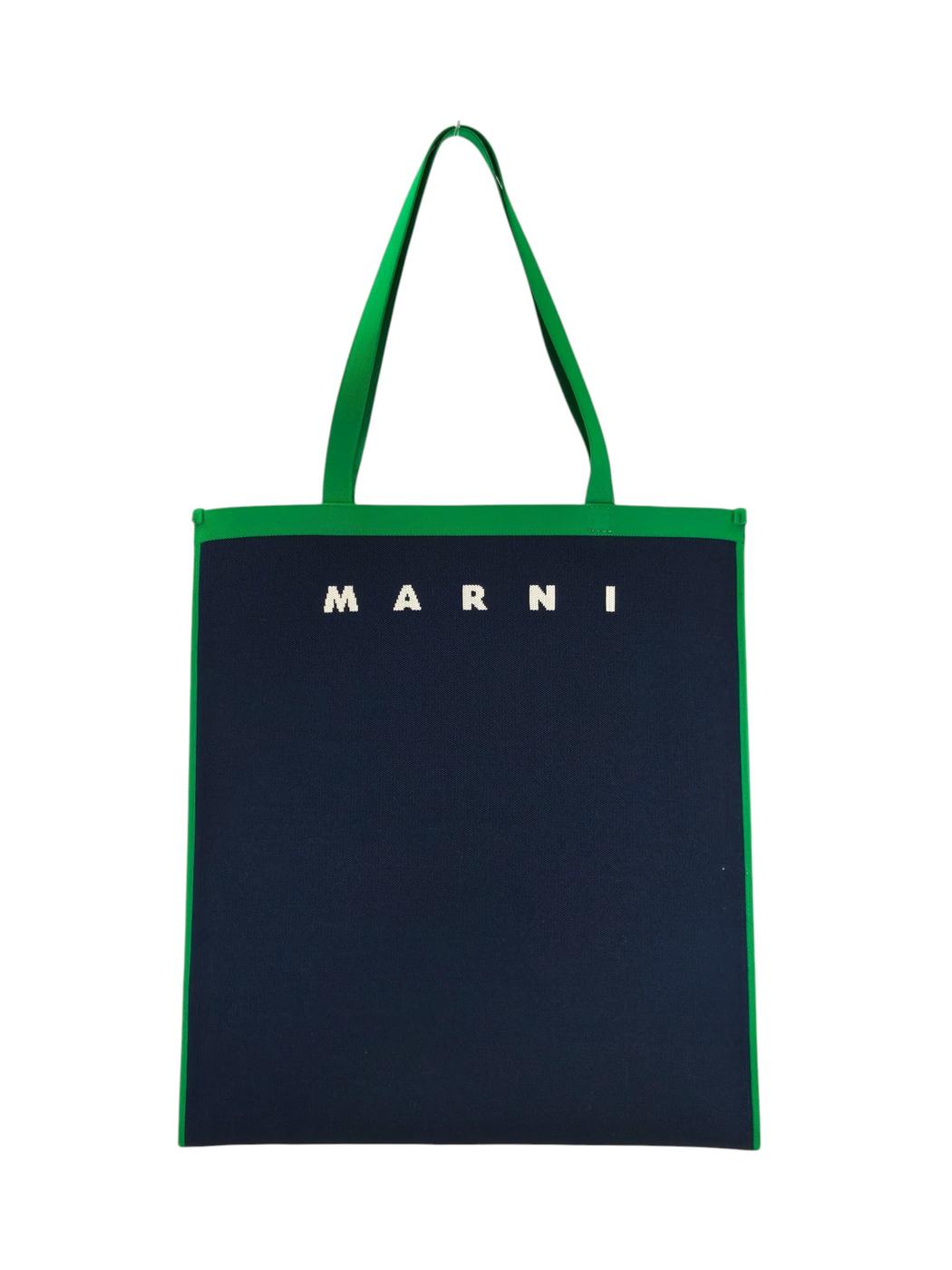 MARNI 马尼 标志提花扁平包 托特包 海军蓝×绿色 款号：11238