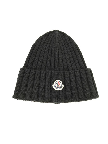 MONCLER モンクレール ニット帽 ビーニー ニットキャップ リブ アイコンパッチ 黒 管理番号：10453